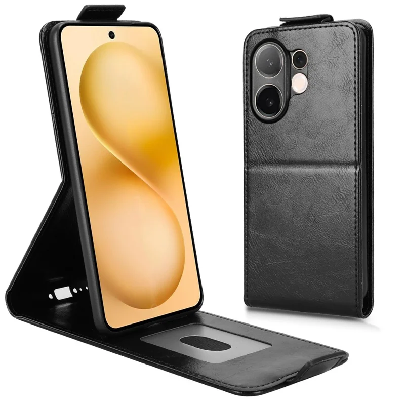 Vivo V60 5G Ständer Hülle Magnetischer Verschluss Vertikale Klapphülle Leder Telefonhülle mit Kartenfach - Schwarz