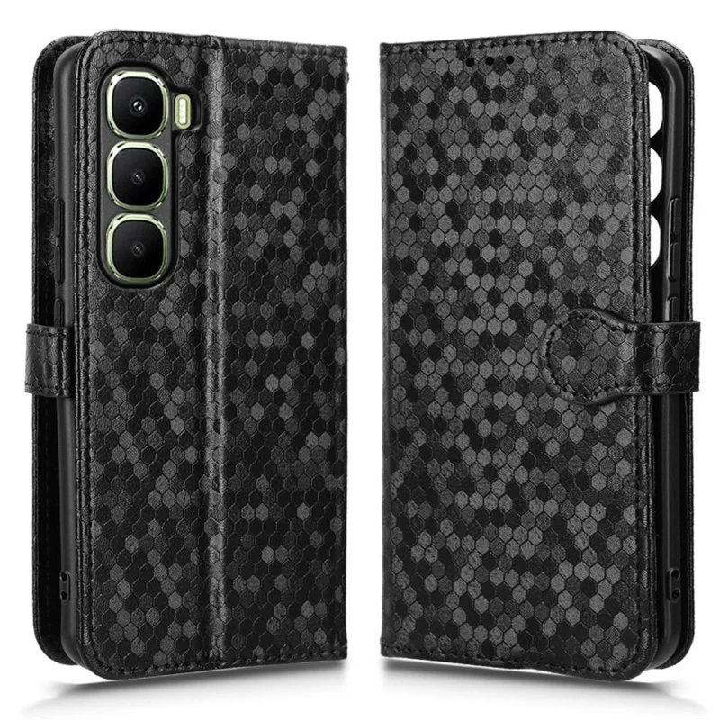 جراب محفظة لهاتف Infinix Hot 60 Pro+ 4G بتصميم نقطي من جلد PU مع حزام معصم - أسود