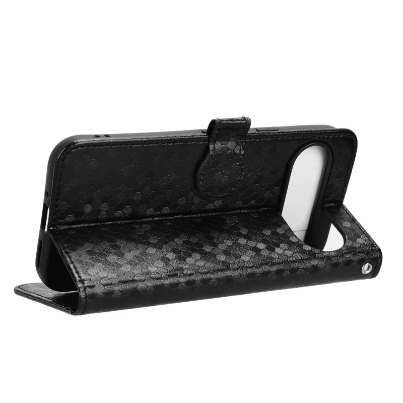 For Google Pixel 10 Pro XL Wallet Case Dot Pattern Imprint PU Leather Phone Cover with Wrist Strap - Black
