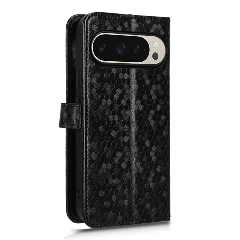 For Google Pixel 10 Pro XL Wallet Case Dot Pattern Imprint PU Leather Phone Cover with Wrist Strap - Black