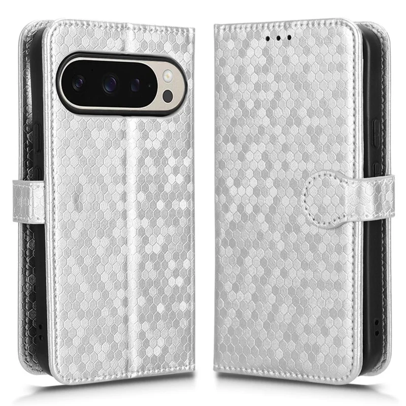For Google Pixel 10 Pro  /  Pixel 10 Wallet Case Dot Pattern Imprint PU Leather Phone Cover with Wrist Strap - Silver