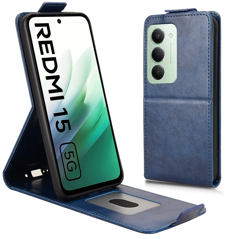 For Xiaomi Redmi 15 4G (EU) (171mm) Stand Case Magnetic Clasp Vertical Flip Leather Phone Cover with Card Holder - Dark Blue