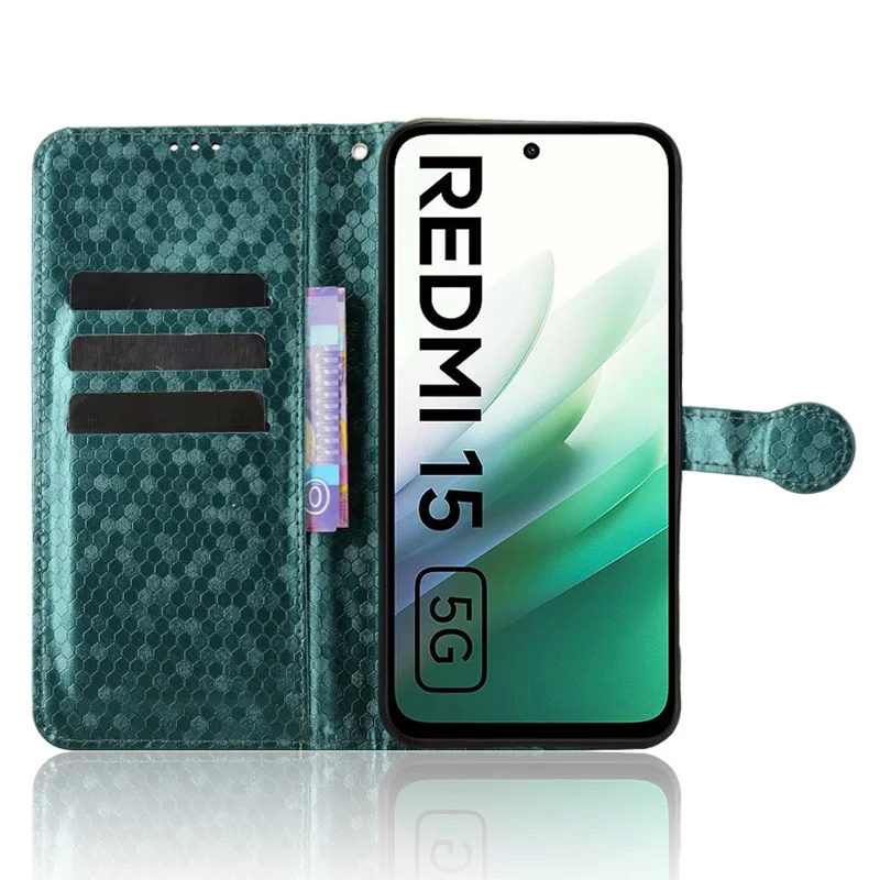 Funda de cartera con estampado de puntos para Xiaomi Redmi 15 5G (Global) (169 mm), de piel sintética con correa para la muñeca - Verde