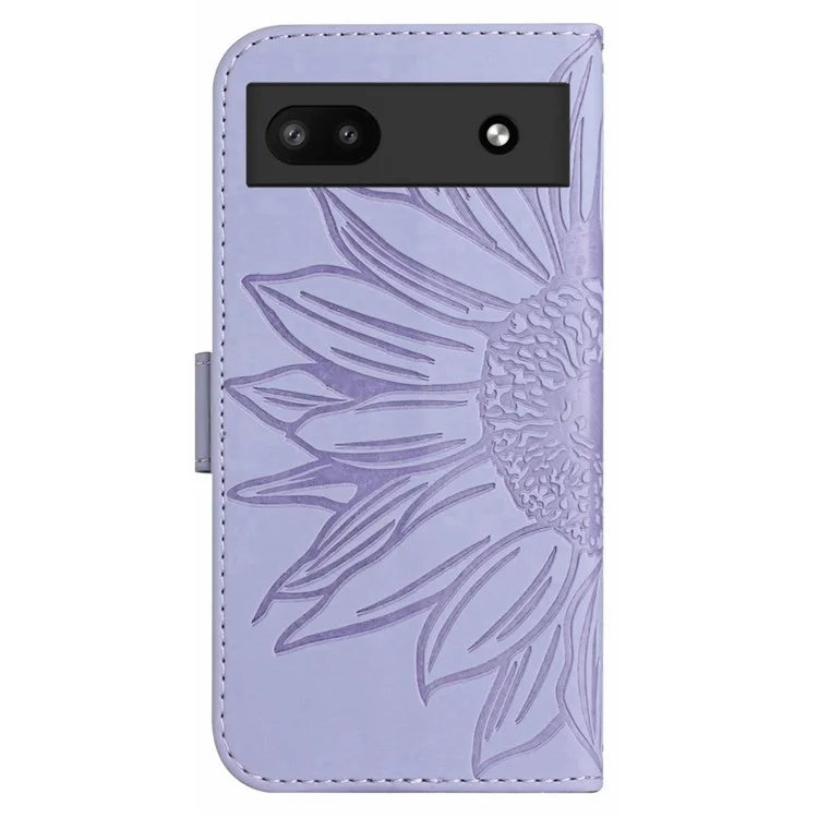 For Google Pixel 6a HT04 PU Leather Sunflower Imprinted Stand Wallet Case Skin-touch Magnetic Clasp Phone Cover with Shoulder Strap - Light Purple
