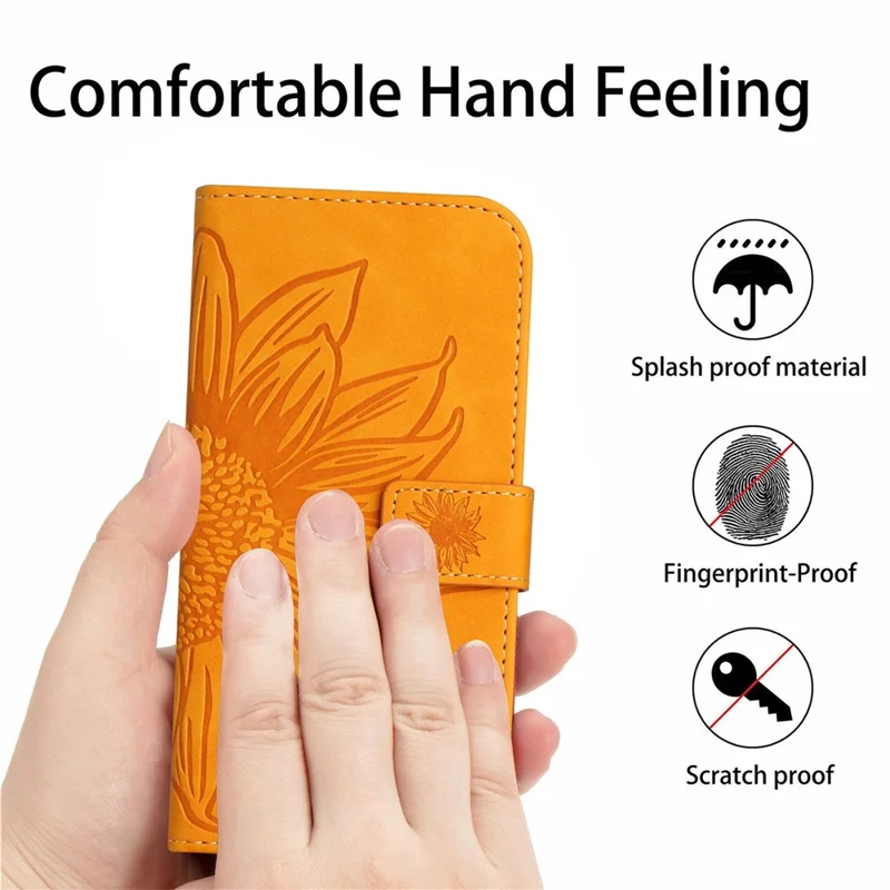 For Google Pixel 6a HT04 PU Leather Sunflower Imprinted Stand Wallet Case Skin-touch Magnetic Clasp Phone Cover with Shoulder Strap - Yellow