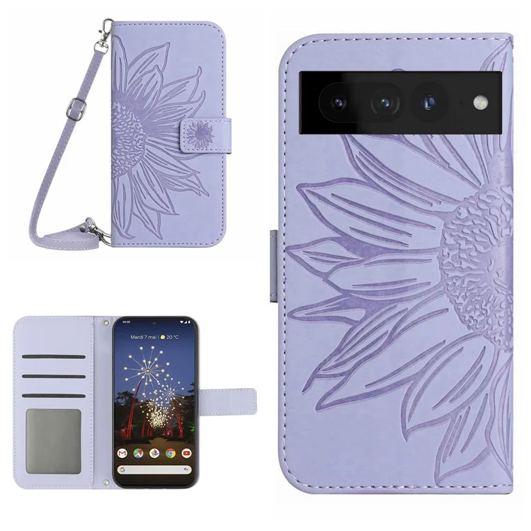 Для Google Pixel 7 Pro 5G HT04 Snive-touch Sunflower Implower Cope Cope Shockpereper Leather Case Skelse с Плечевым Ремнем - Светло-фиолетовый