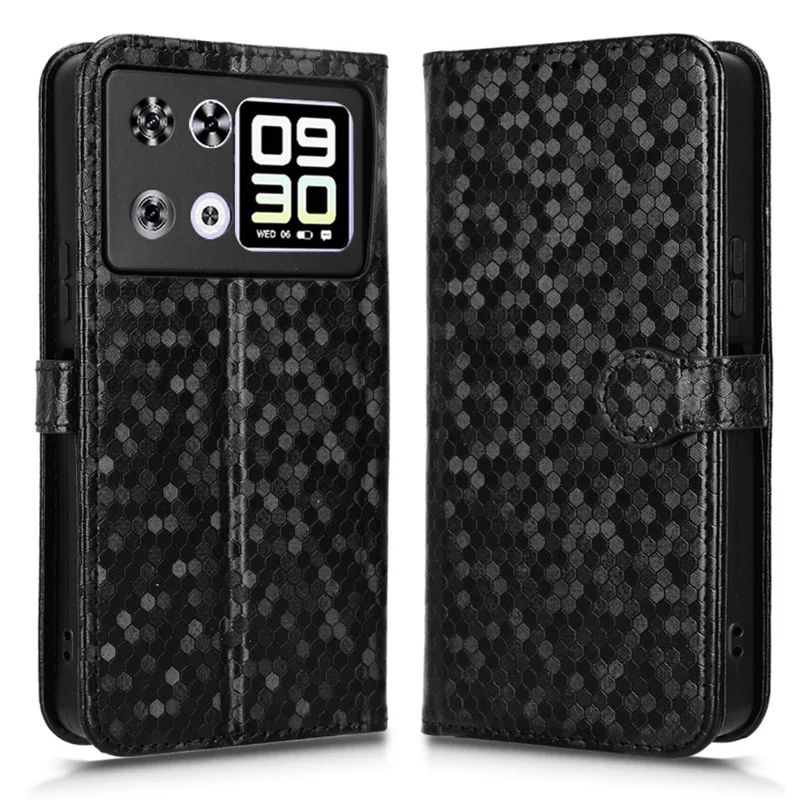 For Cubot P90 Wallet Case Dot Pattern Imprint PU Leather Phone Cover with Wrist Strap - Black