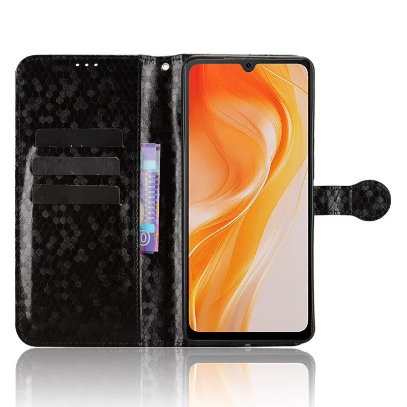 For Cubot P90 Wallet Case Dot Pattern Imprint PU Leather Phone Cover with Wrist Strap - Black
