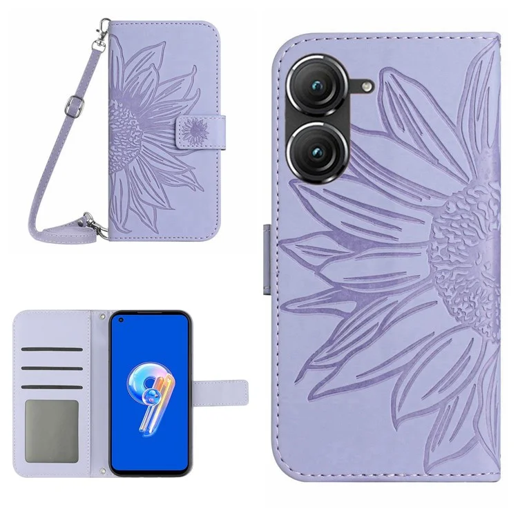 Pour Asus Zenfone 9 5G HT04 Sornille Impresté Cas Téléphone de Temps Signe Touch Antiscratch PU Couverture du Peutlet de Court - Violet Clair