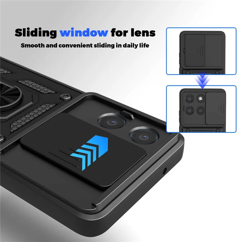 For Motorola Moto G86 Power 5G Case with Slide Camera Lid PC + TPU Kickstand Phone Cover - Black