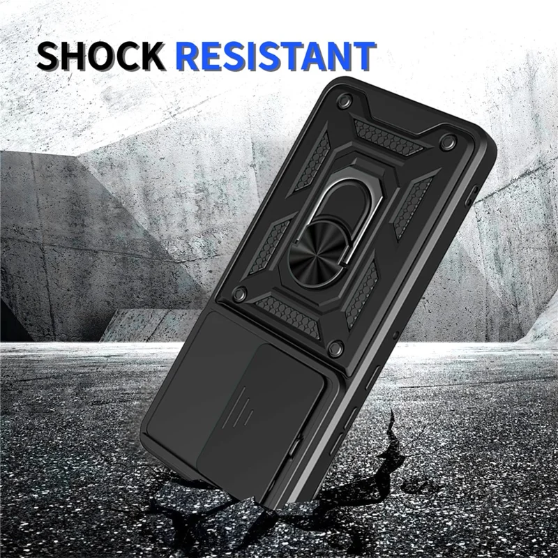 For Motorola Moto G86 Power 5G Case with Slide Camera Lid PC + TPU Kickstand Phone Cover - Black