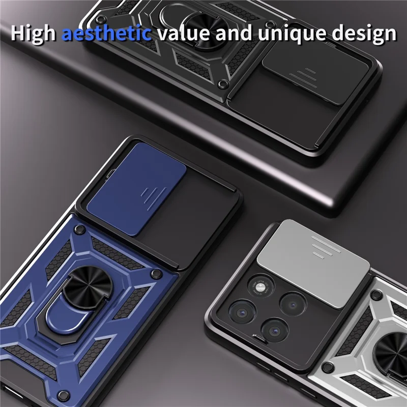 For Motorola Moto G86 Power 5G Case with Slide Camera Lid PC + TPU Kickstand Phone Cover - Black