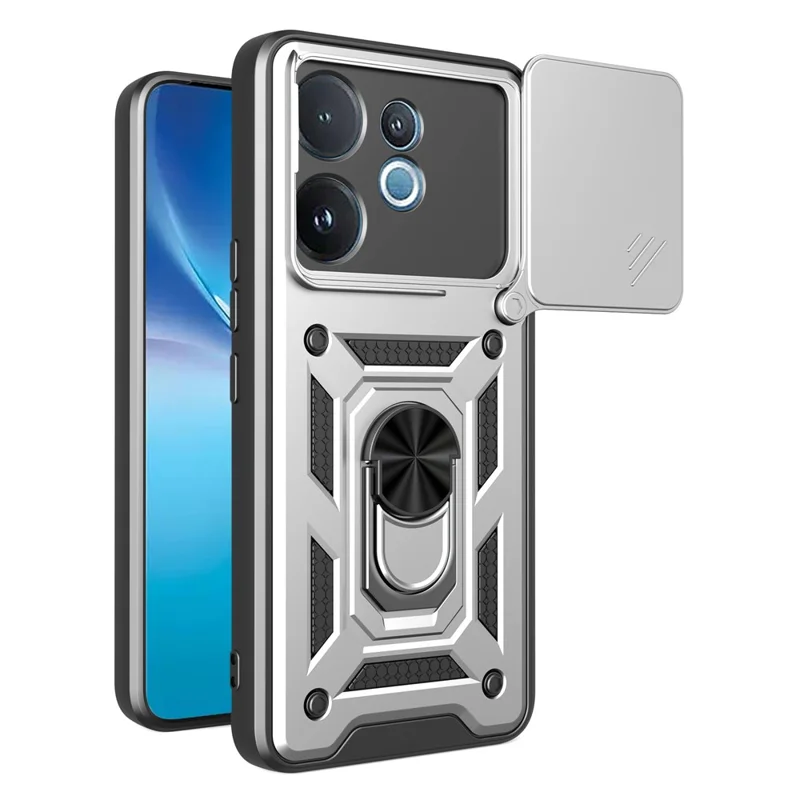 For vivo V60 5G Case with Slide Camera Lid PC + TPU Kickstand Phone Cover - Silver