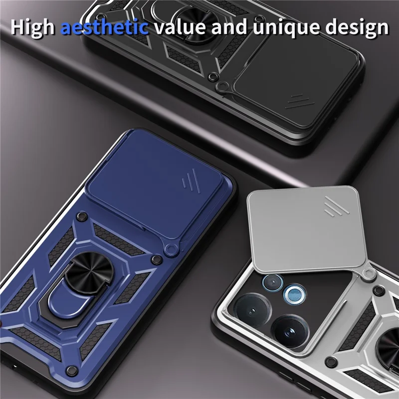 For vivo V60 5G Case with Slide Camera Lid PC + TPU Kickstand Phone Cover - Silver