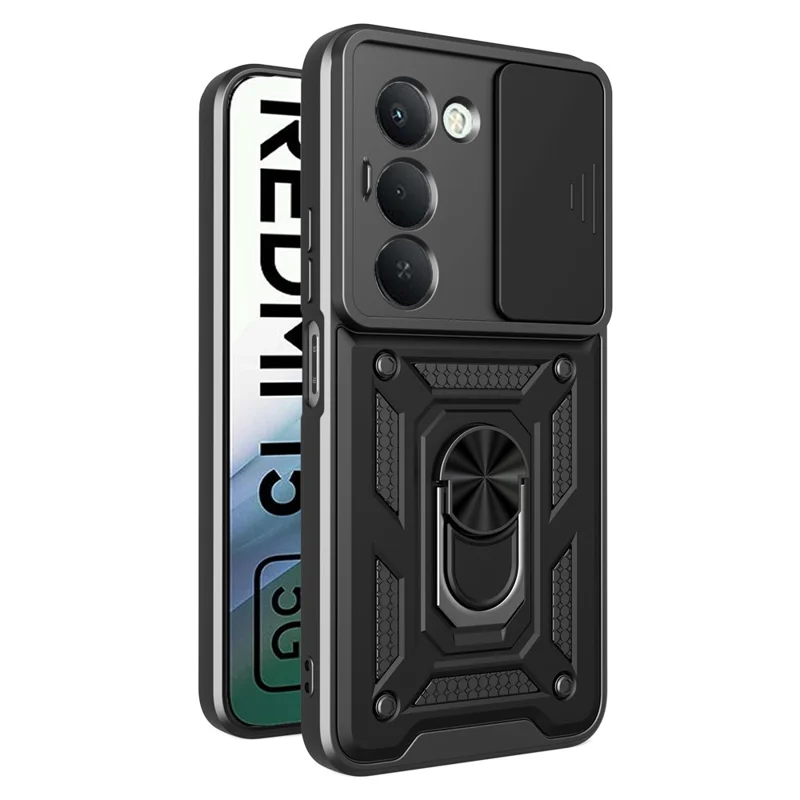 Til Xiaomi Redmi 15 5G (Global) (169 mm) beskyttelsesdæksel med skydelinsehætte i PC + TPU med fold ud stander - Sort