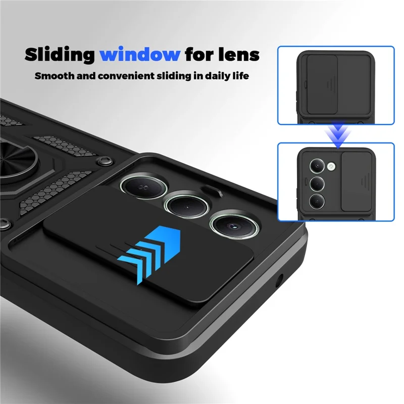 Til Xiaomi Redmi 15 5G (Global) (169 mm) beskyttelsesdæksel med skydelinsehætte i PC + TPU med fold ud stander - Sort