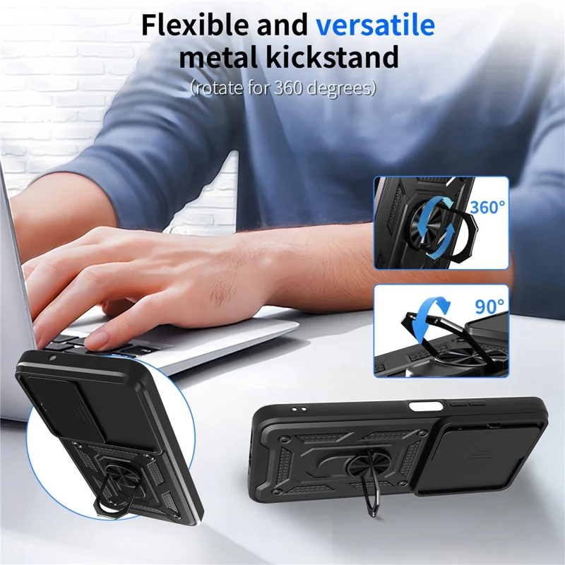 Til Xiaomi Redmi 15 5G (Global) (169 mm) beskyttelsesdæksel med skydelinsehætte i PC + TPU med fold ud stander - Sort