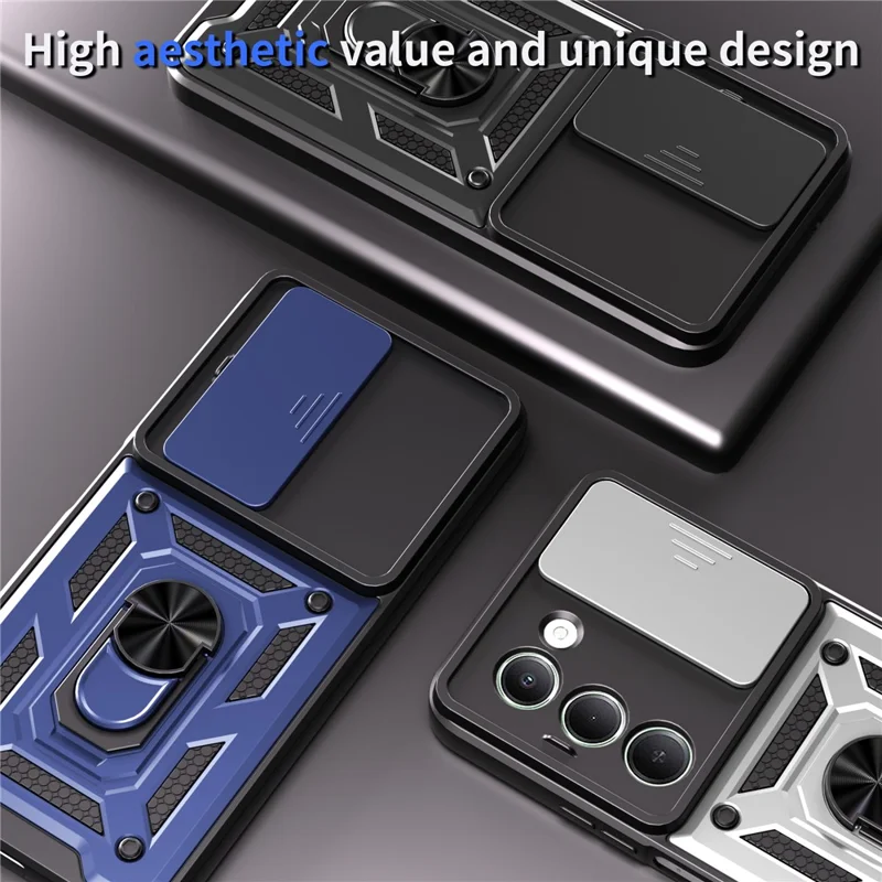 Til Xiaomi Redmi 15 5G (Global) (169 mm) beskyttelsesdæksel med skydelinsehætte i PC + TPU med fold ud stander - Sort