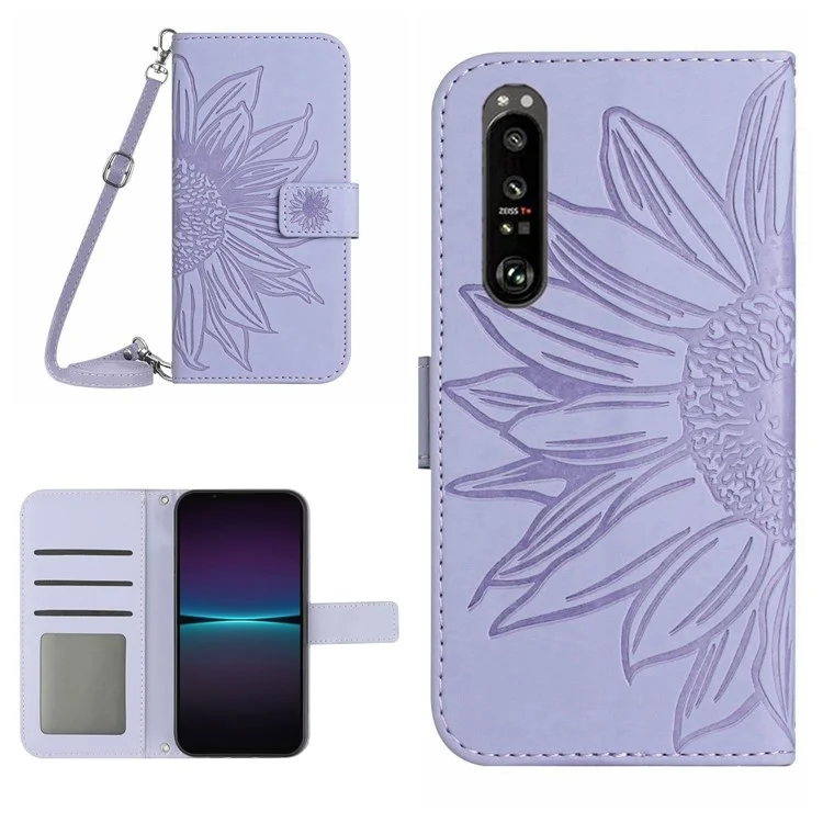 Para Sony Xperia 1 IV 5G HT04 Sunflower Impresión Imprimida Plaza de la Billetera Case de Cuero PU Touch Peque de Cuero Con Correa Para el Hombro - Púrpura Ligera
