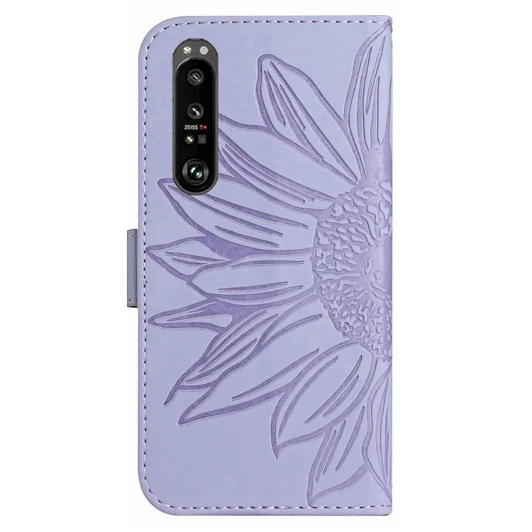 Para Sony Xperia 1 IV 5G HT04 Sunflower Impresión Imprimida Plaza de la Billetera Case de Cuero PU Touch Peque de Cuero Con Correa Para el Hombro - Púrpura Ligera