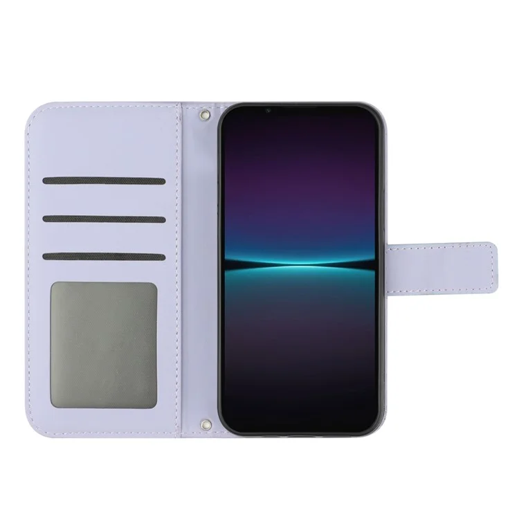 Para Sony Xperia 1 IV 5G HT04 Sunflower Impresión Imprimida Plaza de la Billetera Case de Cuero PU Touch Peque de Cuero Con Correa Para el Hombro - Púrpura Ligera