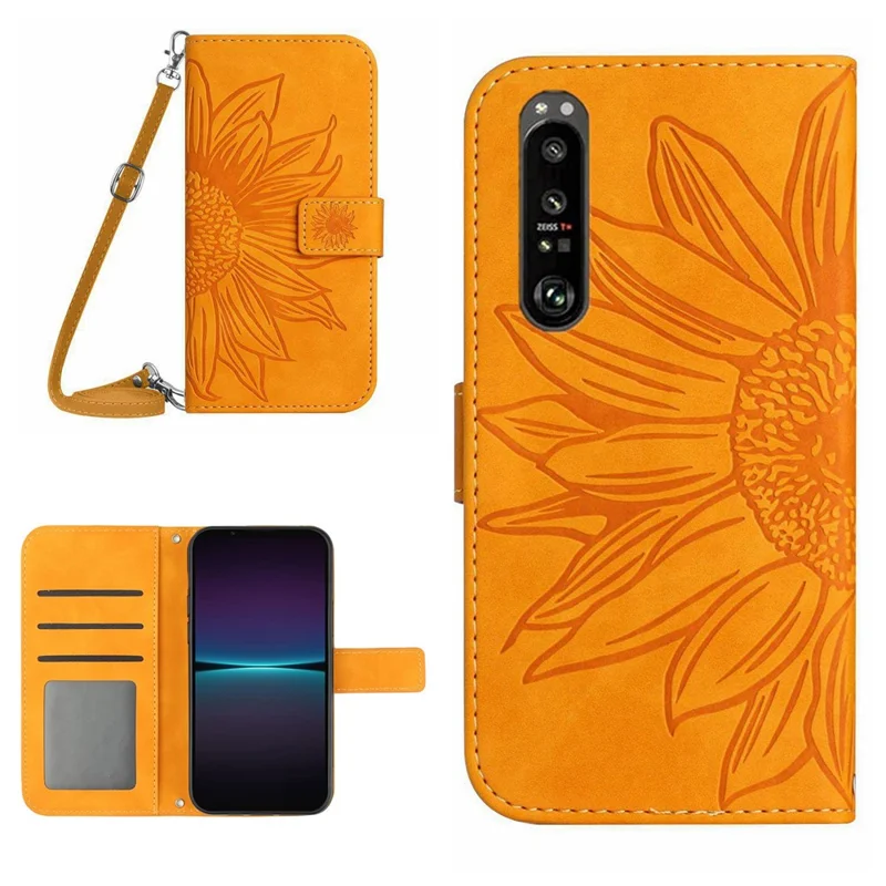 For Sony Xperia 1 IV 5G HT04 Sunflower Imprinted Drop-proof Stand Wallet Case Skin-touch PU Leather Phone Cover with Shoulder Strap - Yellow