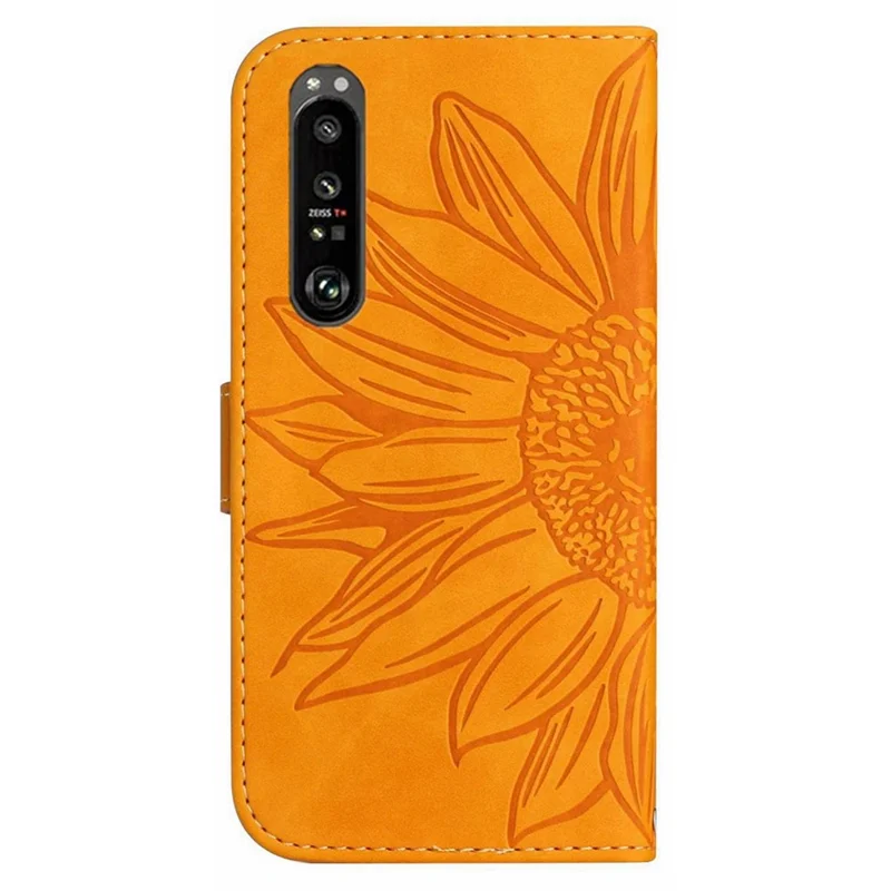 For Sony Xperia 1 IV 5G HT04 Sunflower Imprinted Drop-proof Stand Wallet Case Skin-touch PU Leather Phone Cover with Shoulder Strap - Yellow