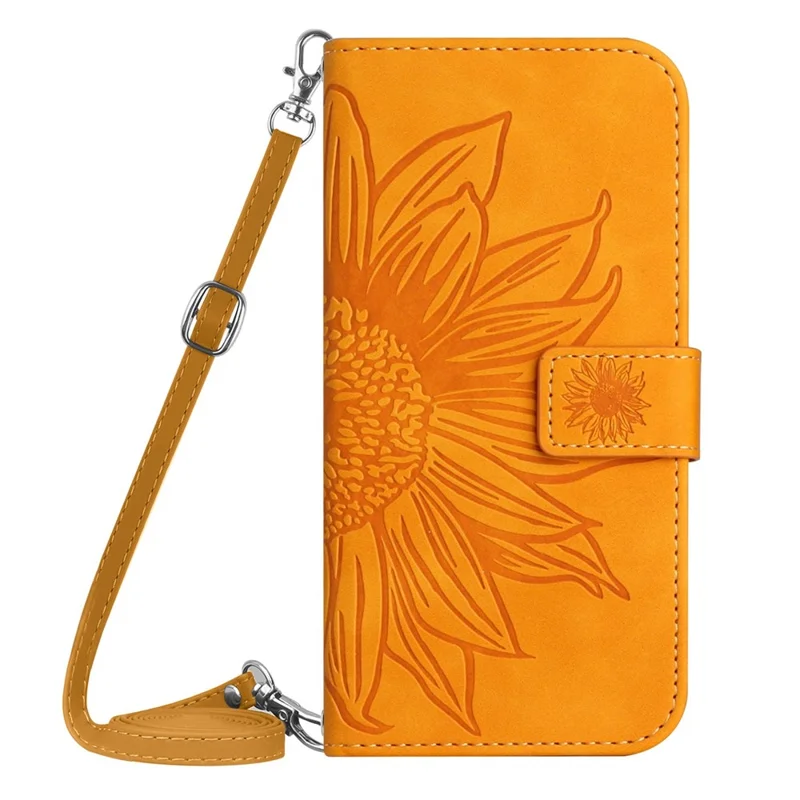 For Sony Xperia 1 IV 5G HT04 Sunflower Imprinted Drop-proof Stand Wallet Case Skin-touch PU Leather Phone Cover with Shoulder Strap - Yellow
