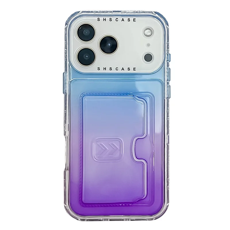 Чехол-держатель для карт iPhone 17 Pro Max с градиентным цветом PC + TPU противоударный задний чехол с пленкой для объектива - Синий / Фиолетовый