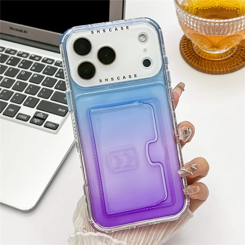 Чехол-держатель для карт iPhone 17 Pro Max с градиентным цветом PC + TPU противоударный задний чехол с пленкой для объектива - Синий / Фиолетовый