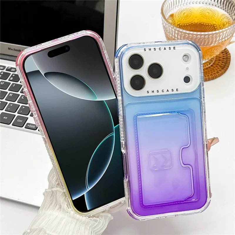 Чехол-держатель для карт iPhone 17 Pro Max с градиентным цветом PC + TPU противоударный задний чехол с пленкой для объектива - Синий / Фиолетовый