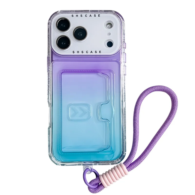 iPhone 17 Pro Hülle mit Kartenfach, Farbverlauf PC + TPU Handyhülle mit Linsenschutzfolie / Handschlaufe - Lila / Himmelblau