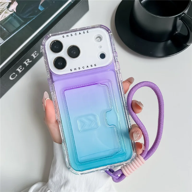 iPhone 17 Pro Hülle mit Kartenfach, Farbverlauf PC + TPU Handyhülle mit Linsenschutzfolie / Handschlaufe - Lila / Himmelblau