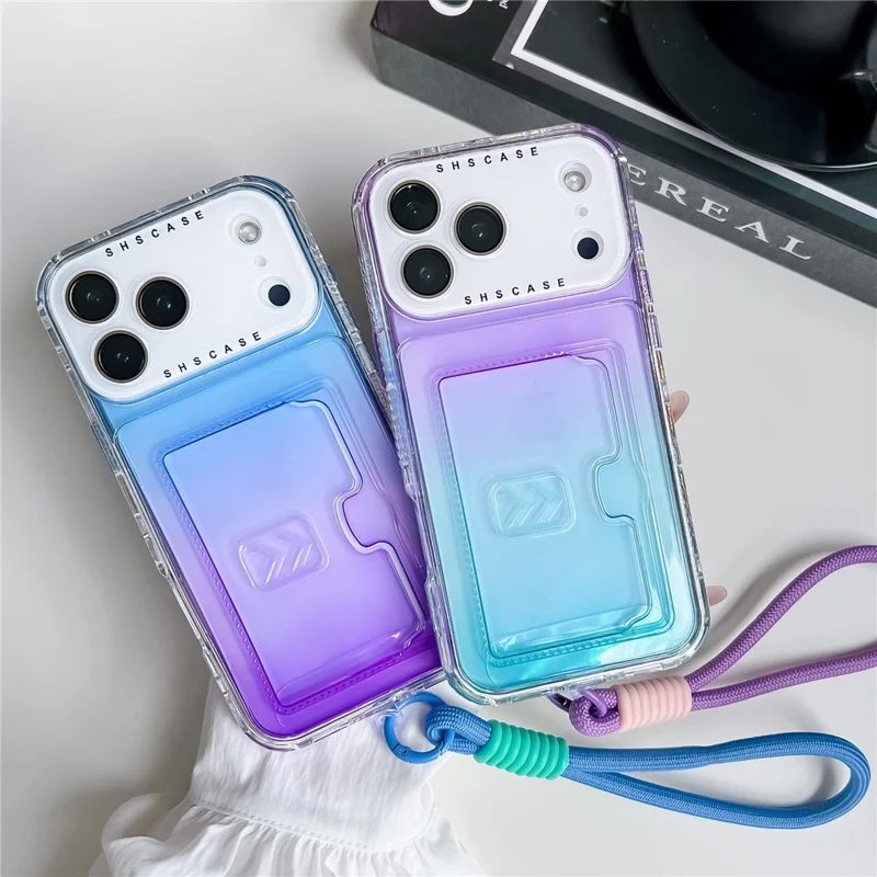 iPhone 17 Pro Hülle mit Kartenfach, Farbverlauf PC + TPU Handyhülle mit Linsenschutzfolie / Handschlaufe - Lila / Himmelblau