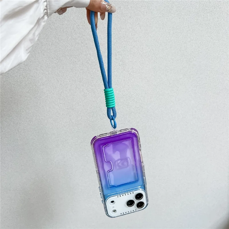 iPhone 17 Pro Hülle mit Kartenfach, Farbverlauf PC + TPU Handyhülle mit Linsenschutzfolie / Handschlaufe - Lila / Himmelblau