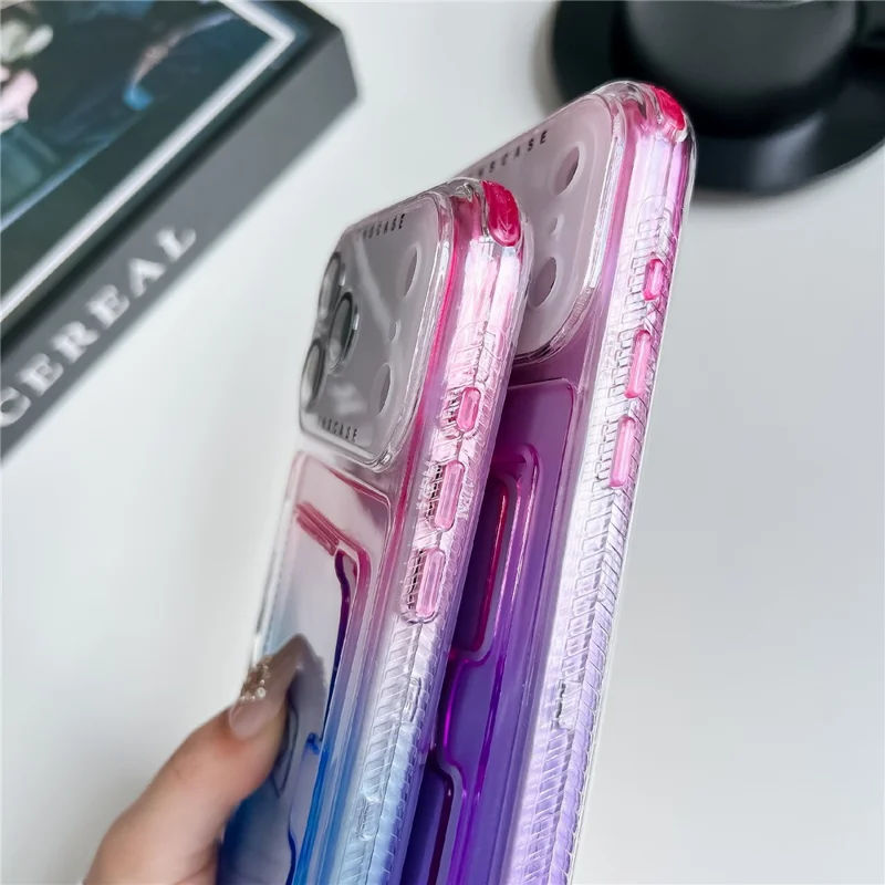 iPhone 17 Pro Hülle mit Kartenfach, Farbverlauf PC + TPU Handyhülle mit Linsenschutzfolie / Handschlaufe - Lila / Himmelblau