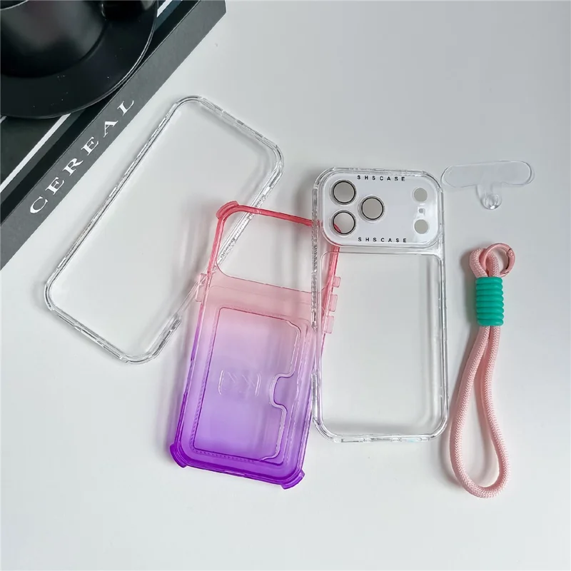 iPhone 17 Pro Hülle mit Kartenfach, Farbverlauf PC + TPU Handyhülle mit Linsenschutzfolie / Handschlaufe - Lila / Himmelblau