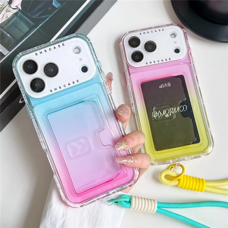 Funda para iPhone 17 Pro Max con soporte para tarjetas, color degradado, cubierta trasera de PC + TPU con película protectora de lente / correa de muñeca - Morado / Azul cielo