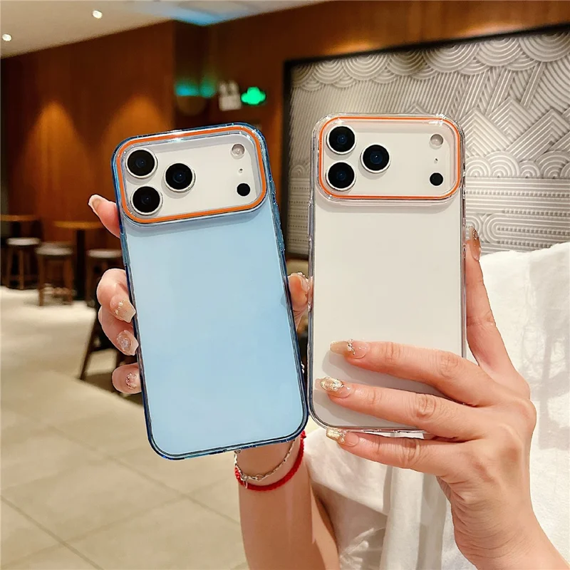 For iPhone 17 Pro Case TPU + PC Shockproof Phone Back Cover with Orange Camera Edge - Transparent Black