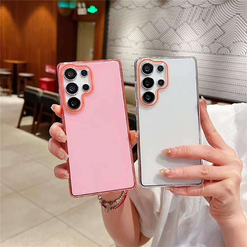 For Samsung Galaxy S25 Ultra Case TPU + PC Shockproof Phone Back Cover with Orange Camera Edge - Transparent Pink