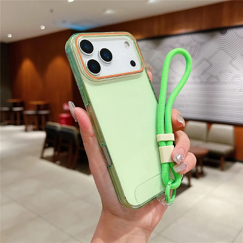 For iPhone 17 Pro Case with Wrist Strap / Orange Camera Edge TPU + PC Shockproof Phone Back Cover - Transparent Green