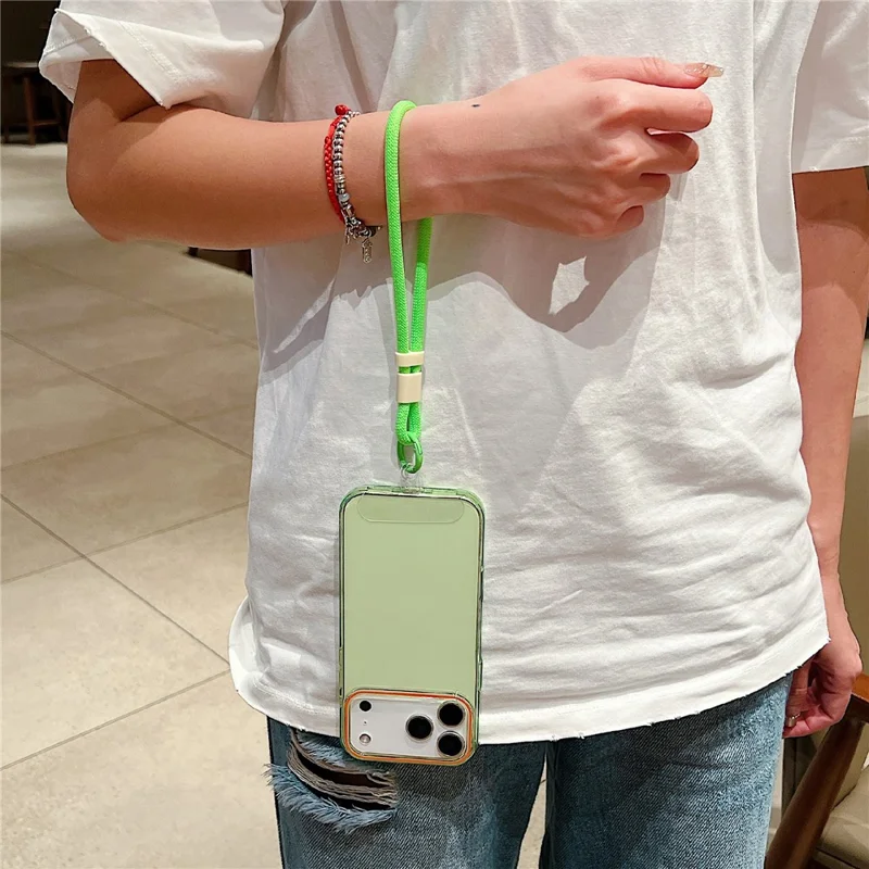 For iPhone 17 Pro Case with Wrist Strap / Orange Camera Edge TPU + PC Shockproof Phone Back Cover - Transparent Green