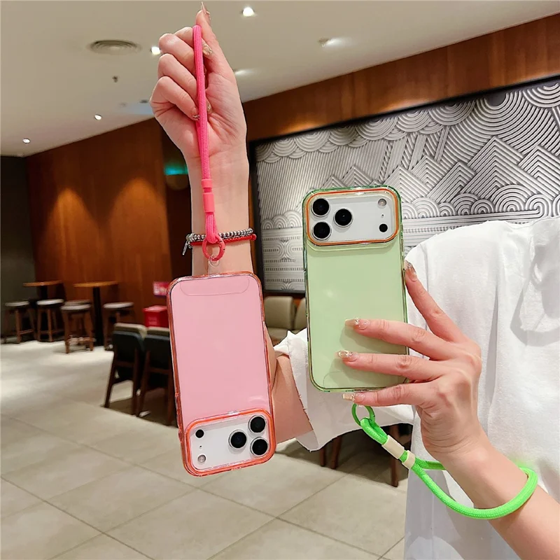 For iPhone 17 Pro Max Case with Wrist Strap / Orange Camera Edge TPU + PC Shockproof Phone Back Cover - Transparent Purple