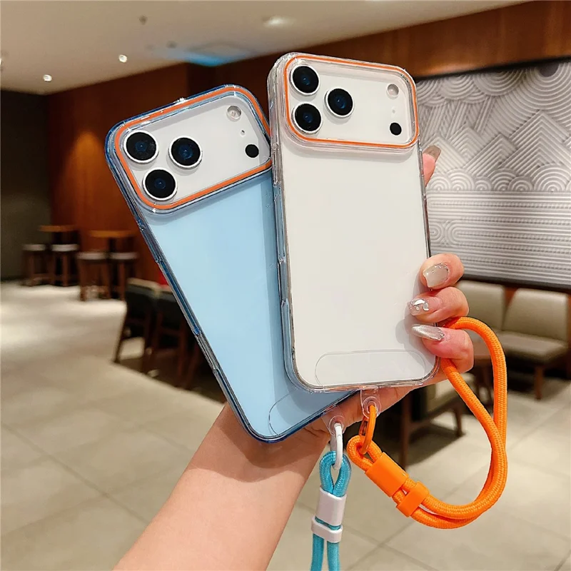 For iPhone 17 Pro Max Case with Wrist Strap / Orange Camera Edge TPU + PC Shockproof Phone Back Cover - Transparent Purple