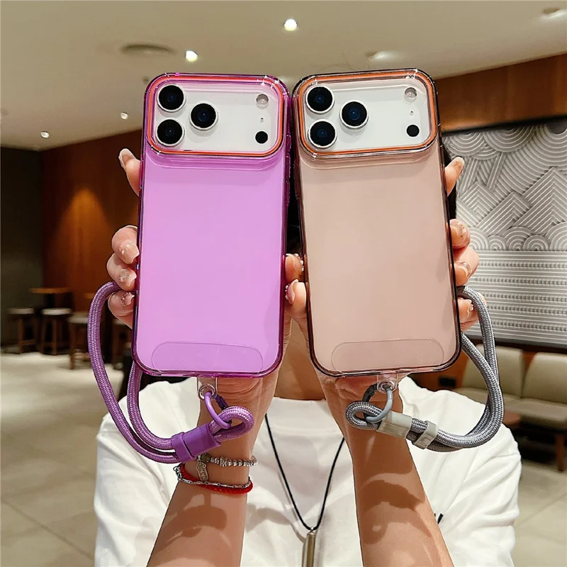 For iPhone 17 Pro Max Case with Wrist Strap / Orange Camera Edge TPU + PC Shockproof Phone Back Cover - Transparent Purple