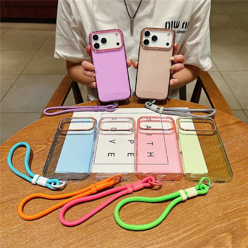 For iPhone 17 Pro Max Case with Wrist Strap / Orange Camera Edge TPU + PC Shockproof Phone Back Cover - Transparent Purple
