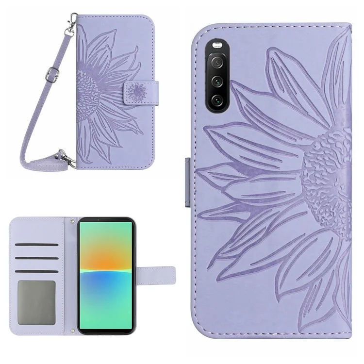 Para Sony Xperia 10 IV 5G HT04 Sunflower Impreso Touch Touch Stand PU Cubierta de Cuero Tpu Case de Teléfono TPU Con Correa Para el Hombro - Púrpura Ligera