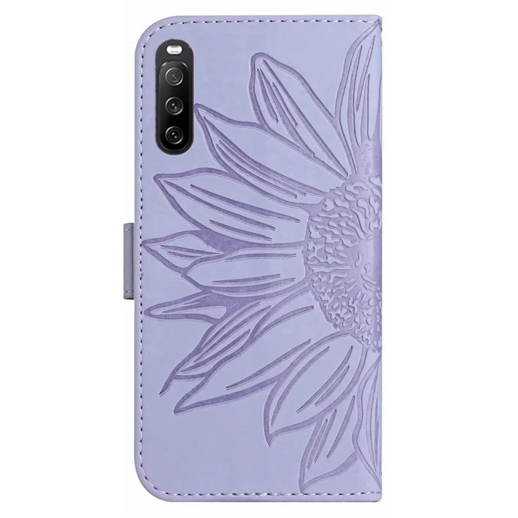 Para Sony Xperia 10 IV 5G HT04 Sunflower Impreso Touch Touch Stand PU Cubierta de Cuero Tpu Case de Teléfono TPU Con Correa Para el Hombro - Púrpura Ligera