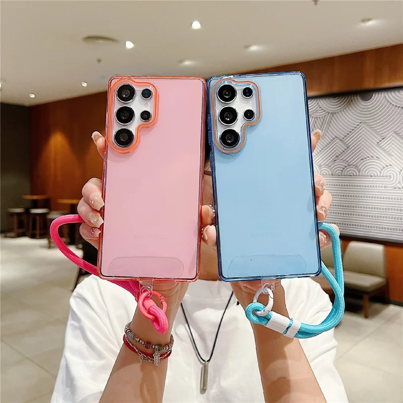 For Samsung Galaxy S25 Ultra Case with Wrist Strap / Orange Camera Edge TPU + PC Shockproof Phone Back Cover - Transparent Black