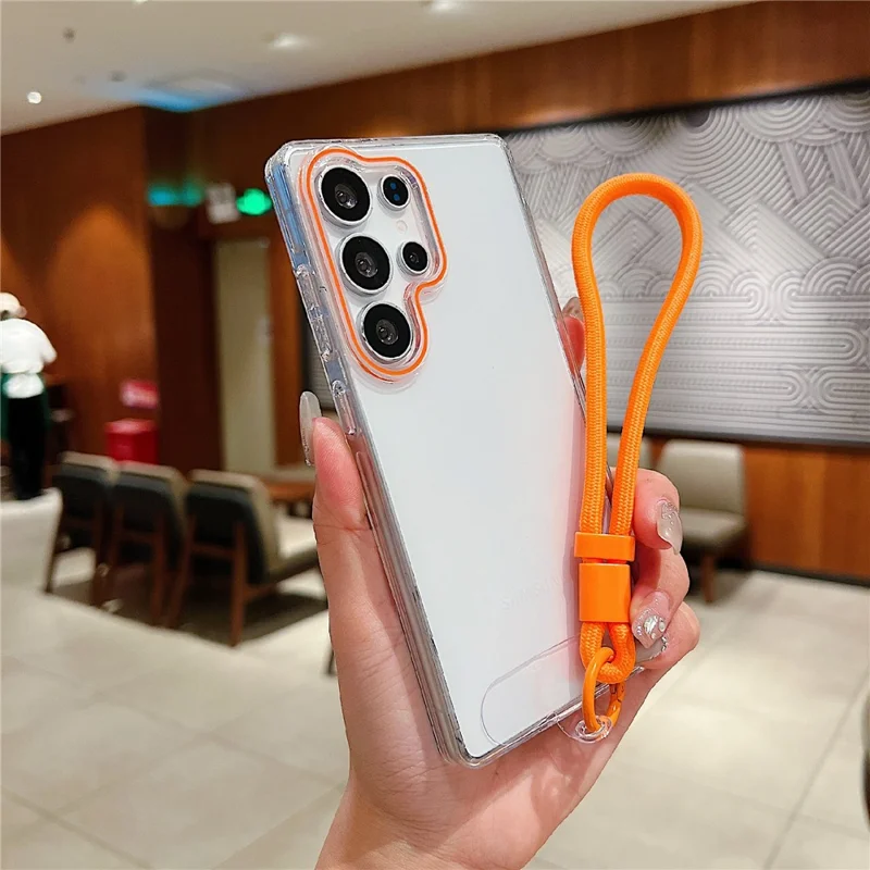 For Samsung Galaxy S25 Ultra Case with Wrist Strap / Orange Camera Edge TPU + PC Shockproof Phone Back Cover - Transparent White